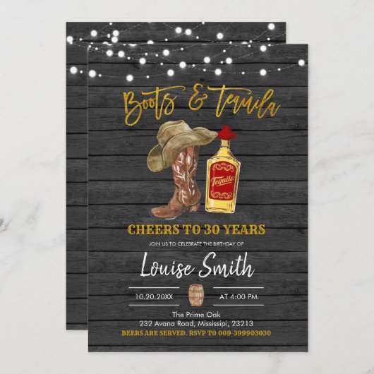 Laarzen en Tequilla Volwassen Verjaardag Uitnodigi Kaart (Voorkant / Achterkant)