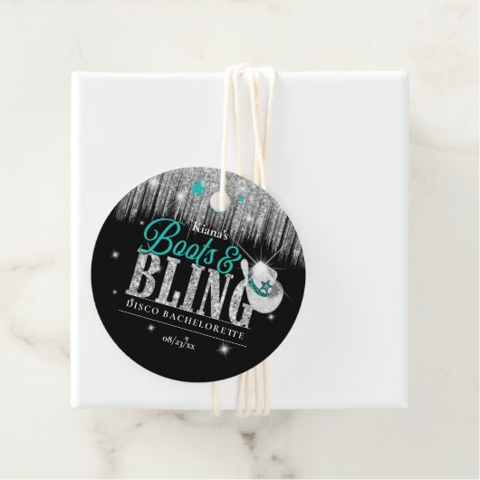 Laarzen 'n Bling Disco Bachelorette Teal ID925 Bedankjes Labels (In situ)