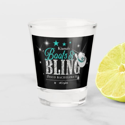 Laarzen 'n Bling Disco Bachelorette Turquoise Zwar Shot Glas (Voorkant)