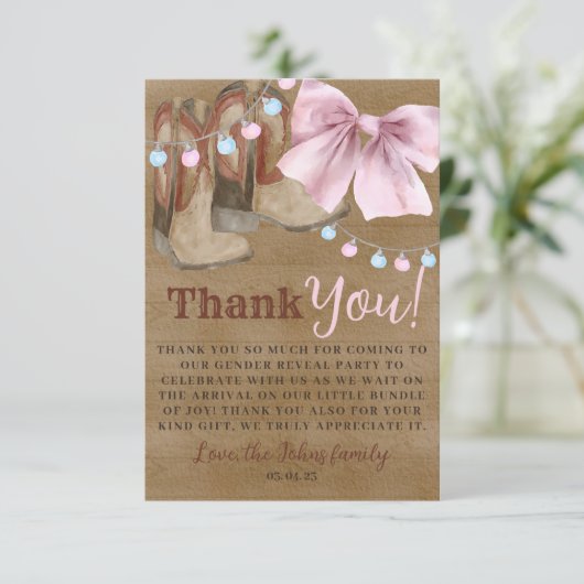 Laarzen of strikken geslacht onthullen Dank je Kaa Bedankkaart (Staand voorkant)