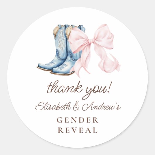 Laarzen of strikken Geslacht onthullen Dank u Stic Ronde Sticker (Voorkant)