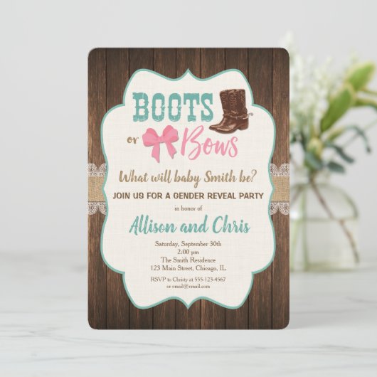 Laarzen of strikken geslacht onthulling uitnodigin kaart (Staand voorkant)