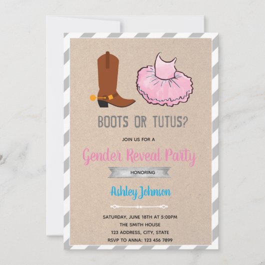Laarzen of tutus geslacht onthulling uitnodiging (Voorkant)