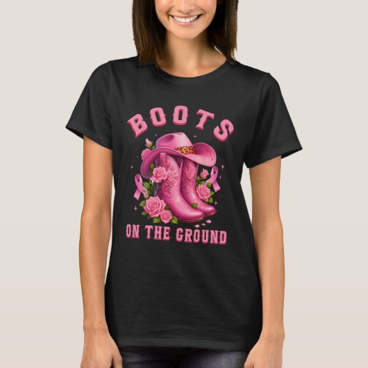 Laarzen op de grond Roze Cowgirl Kanker Bewustzijn T-shirt (Voorkant)