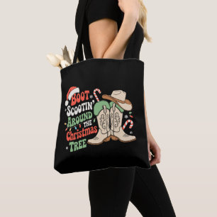 Laarzen schuiven rond de kerstboom western tote bag