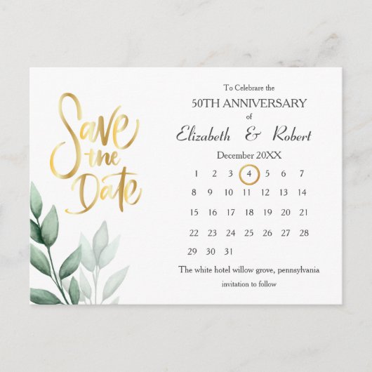 Laat 50e Jubileum elegant de datumkalender Aankondigingskaart (Voorkant)