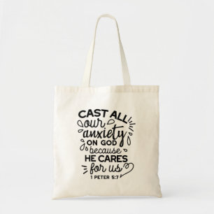 Laat alle zorgen los – 1 Petrus 5:7 Bijbelvers Tote Bag