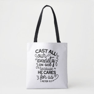 Laat alle zorgen los – 1 Petrus 5:7 Bijbelvers Tote Bag