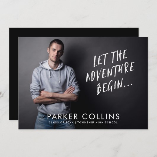 Laat avontuur beginnen Fotoafstudeerfeest Kaart (Voorkant / Achterkant)