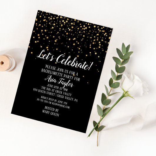 Laat Celebrate Gold Confetti op Black Bachelorette Kaart