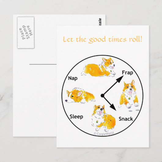 Laat de Good Times Roll. Corgi Briefkaart (Voorkant / Achterkant)