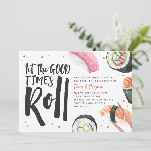 Laat de Good Times Roll Sushi Engagement Party Kaart (Staand voorkant)
