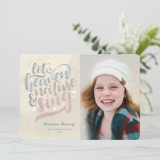 Laat de hemel en de Natuur Religieuze Kerst zingen Feestdagenkaart (Staand voorkant)