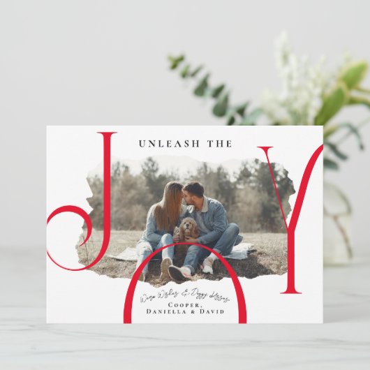 Laat de Joy Red los | kerstkaart met foto's (Staand voorkant)