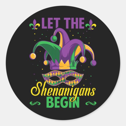 Laat de Shenanigans beginnen met Mardi Gras Ronde Sticker (Voorkant)