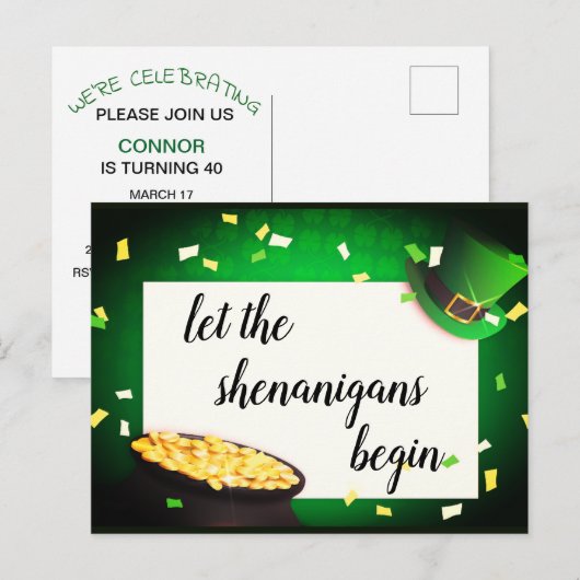 Laat de Shenanigans beginnen St Patricks uitnodigi Uitnodiging Briefkaart (Voorkant / Achterkant)