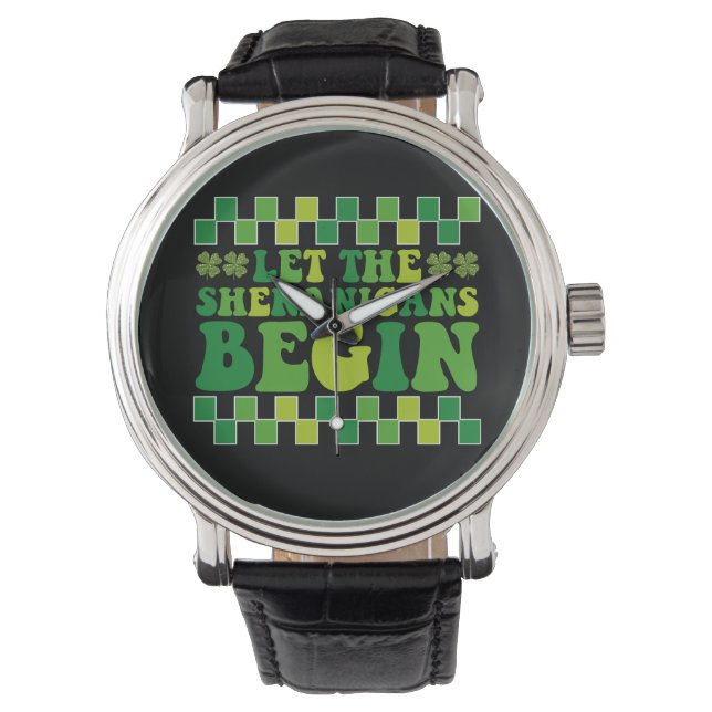 Laat de Sjoehanigans Begin Iers Groovy Retro Horloge (Voorkant)