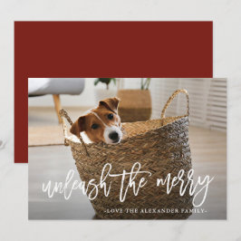 Laat de vrolijke script cute hond foto los feestdagenkaart