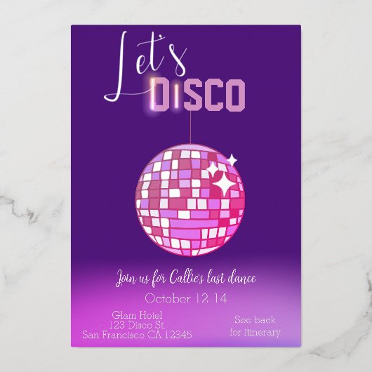 Laat Disco Neon Bachelorette Folie Uitnodiging (Voorkant)