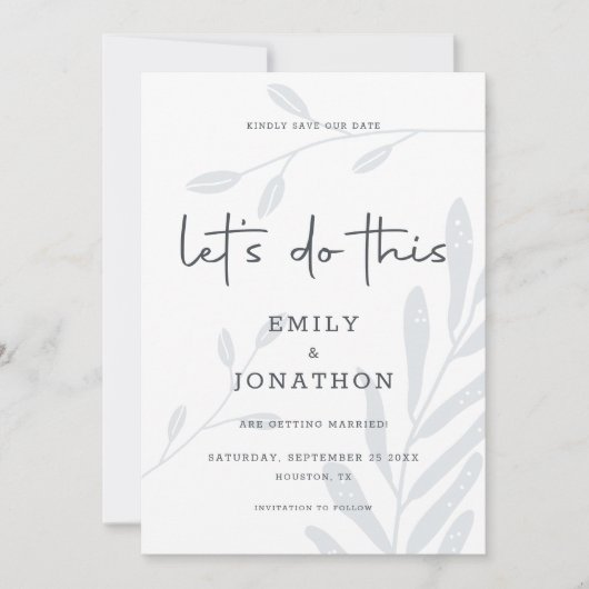 Laat dit gebladerte stoffig blauw de datum opslaan save the date (Voorkant)