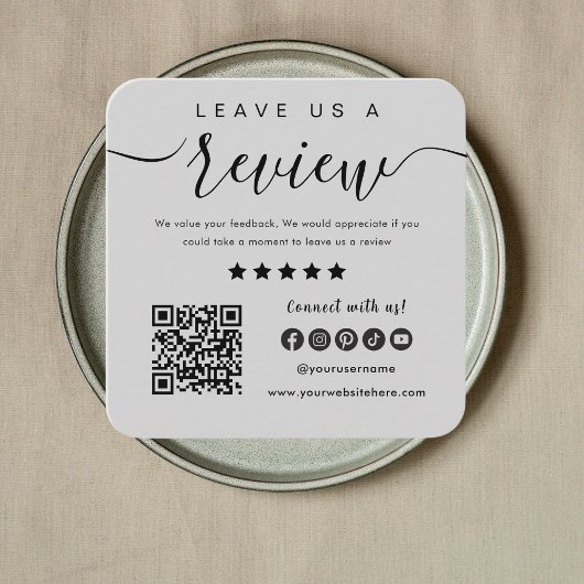 Laat een Review achter QR Code Social Media Grey L Vierkante Visitekaartje