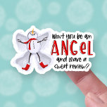 Laat een Review Cute Winter Snowman Angel Business Sticker<br><div class="desc">Wat een schattige manier om uw klanten een review te laten verlaten! Laat ze lachen met deze schattige sneeuwengel die vraagt: "Ben je geen engel en laat een zoete review achter?" Het is een gedenkwaardige en heerlijke manier om uw kleine bedrijf de reviewen te geven die het moet groeien! Op...</div>