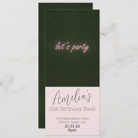 Laat Feest Neon Roze Uitnodiging (Voorkant / Achterkant)