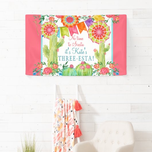 Laat Fiesta 3rd Birthday Cactus Flowers Girl Party Spandoek (Insitu)