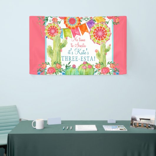 Laat Fiesta 3rd Birthday Cactus Flowers Girl Party Spandoek (Beurs)