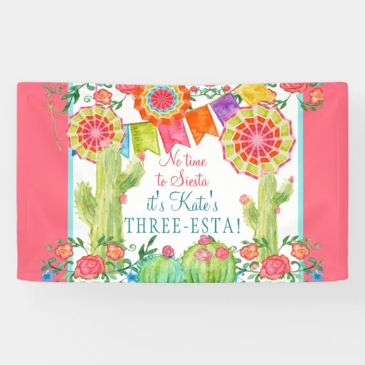 Laat Fiesta 3rd Birthday Cactus Flowers Girl Party Spandoek (Horizontaal)