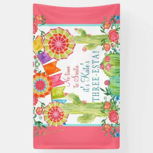 Laat Fiesta 3rd Birthday Cactus Flowers Girl Party Spandoek (Verticaal)