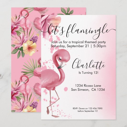 Laat Flamingle Tropical Pink Flamingo Birthday Kaart (Voorkant / Achterkant)