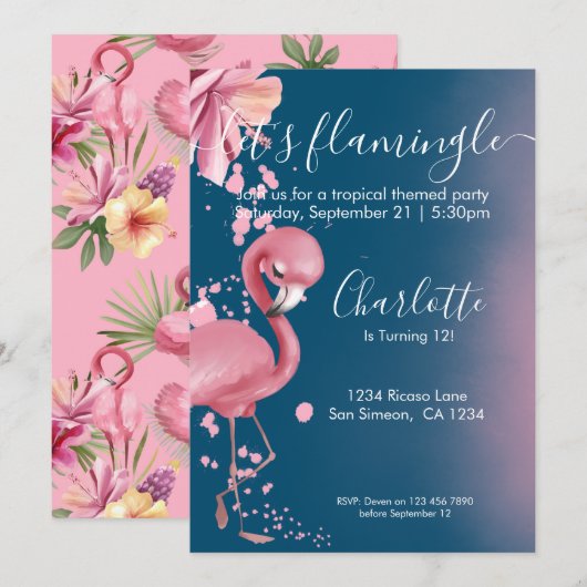 Laat Flamingle Tropical Pink Flamingo Birthday Kaart (Voorkant / Achterkant)