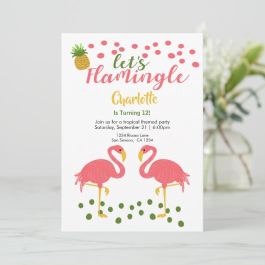 Laat Flamingle Tropical Pink Flamingo Birthday Kaart (Staand voorkant)