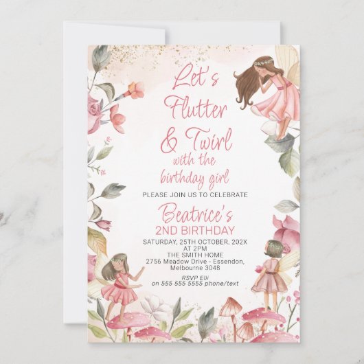 Laat Flutter en Twirl Floral Fairy Birthday Kaart (Voorkant)