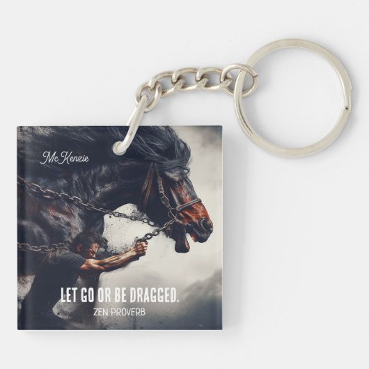 "Laat gaan of worden gesleept" en krachtig paard Sleutelhanger (Achterkant)