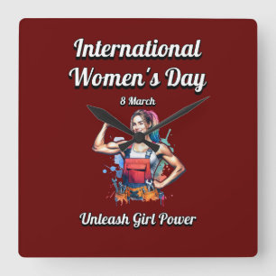 Laat Girl Power los. Internationale Vrouwendag. Vierkante Klok