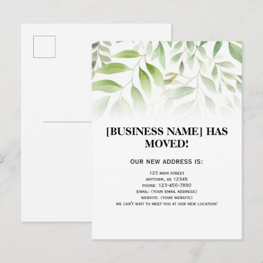 Laat Greenery Bedrijfs Verplaatsende Aankondiging  Briefkaart (Voorkant / Achterkant)