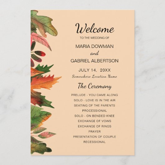 Laat herfst achter. Herfst formele botanische brui Programmakaart (Voorkant)