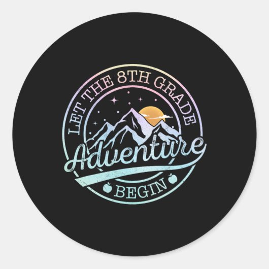 Laat het 8e klas avontuur beginnen Retro eerste da Ronde Sticker (Voorkant)