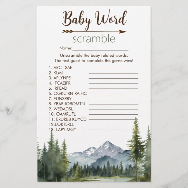 Laat het Adventure Word Scramble Game Baby shower (Voorkant)