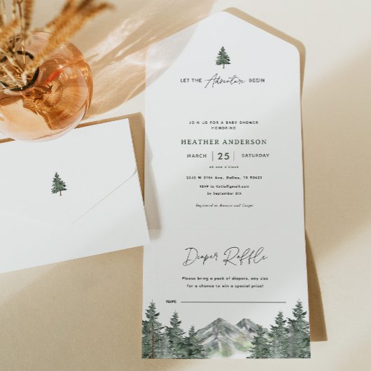 Laat het avontuur beginnen bosjongen baby shower all in one uitnodiging