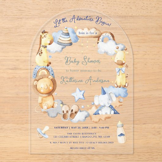 Laat het avontuur beginnen Boy Baby Speelgoed Baby Acryl Uitnodigingen (Voorkant)