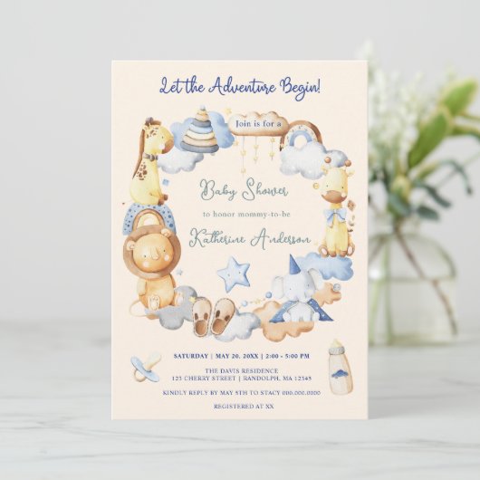 Laat het avontuur beginnen Boy Baby Speelgoed Baby Kaart (Staand voorkant)