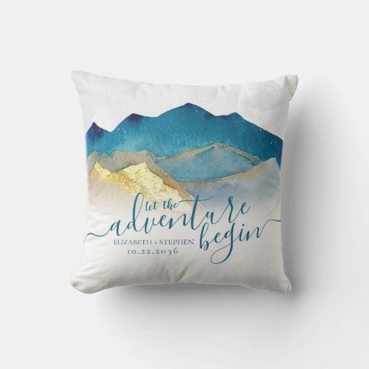 Laat het avontuur beginnen met de blauwe gouden br kussen (Voorkant)