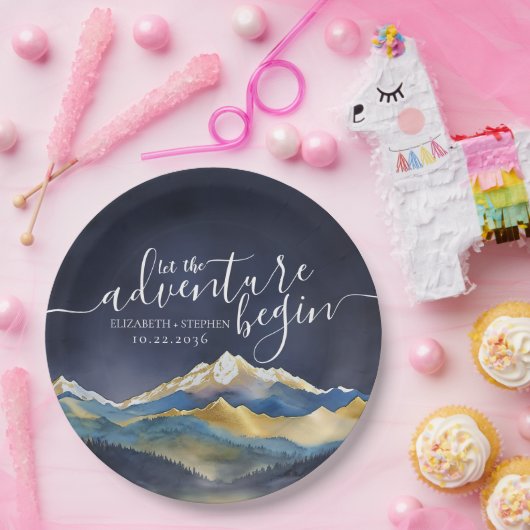 Laat het avontuur beginnen met de blauwe gouden br papieren bordje (Feest)