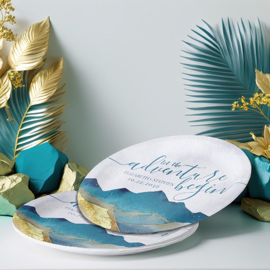 Laat het avontuur beginnen met de blauwe gouden br papieren bordje