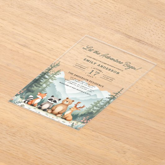 Laat het avontuur beginnen met Woodland Baby showe Acryl Uitnodigingen (Laagn)