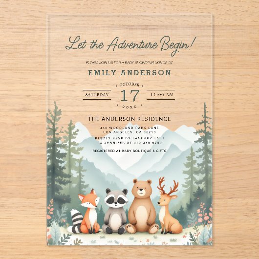 Laat het avontuur beginnen met Woodland Baby showe Acryl Uitnodigingen (Voorkant)