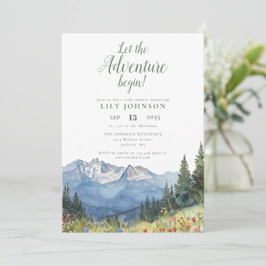 Laat het avontuur beginnen Mountain Baby shower Kaart (Staand voorkant)